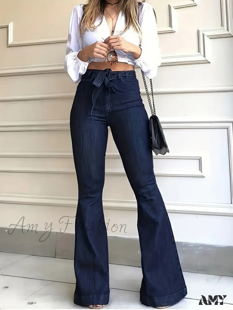 Printed Jeans for Pattern -Amy Fashion - Navy Blue Flared Autumn High-Stretch With Waistband Bell Bottom Wide Legs Denim Jean