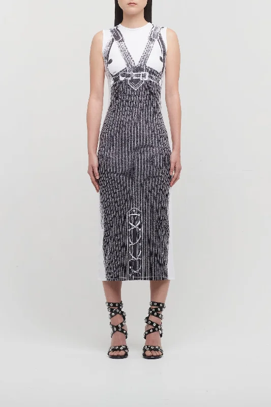 Cuffed Jeans for Stylish Touch -Jean Paul Gaultier Jersey Sleeveless Long Dress in Madonna Trompe L'œil Print