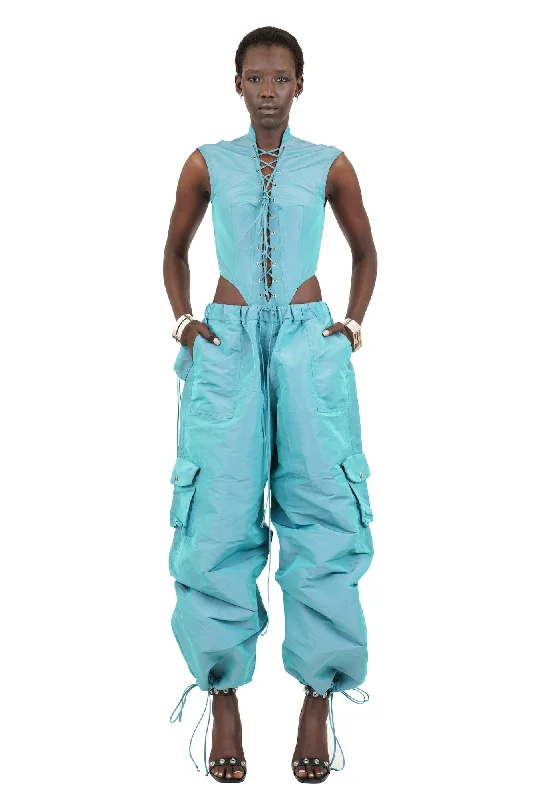 Mini Skirt Jeans for Flirty -LaQuan Smith Utility Body Suit with Lace Up Detail in Aqua