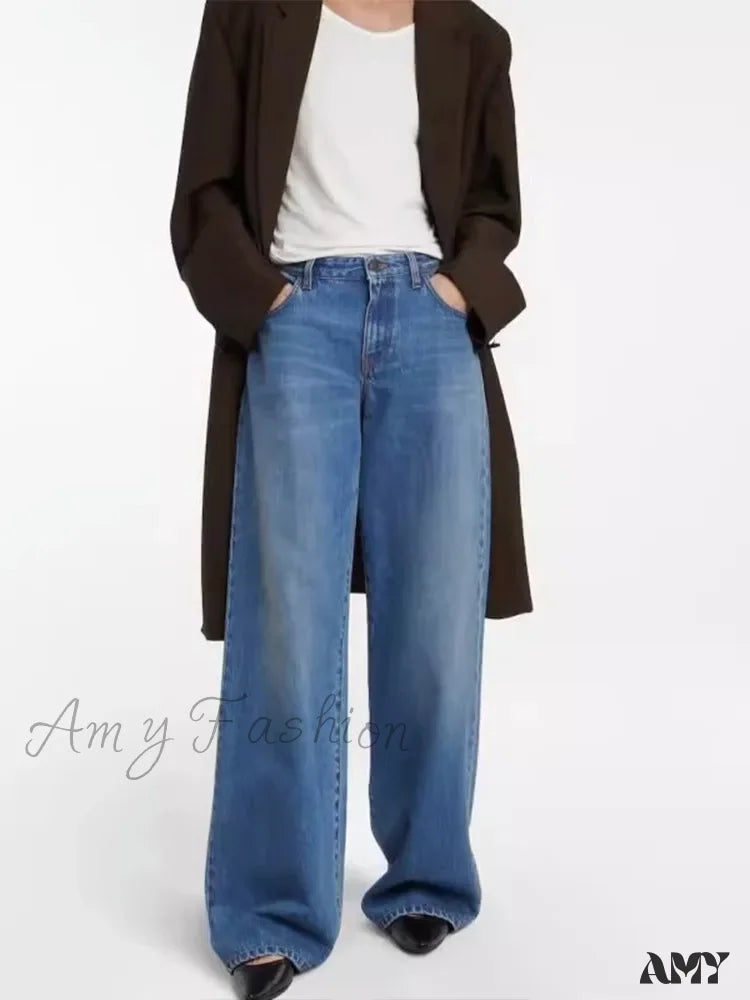 Outdoor Jeans for Adventures -Amy Fashion - High Quality Autumn New Floor-length Denim High-waisted Minimalist Style Loose Wide-leg Jean