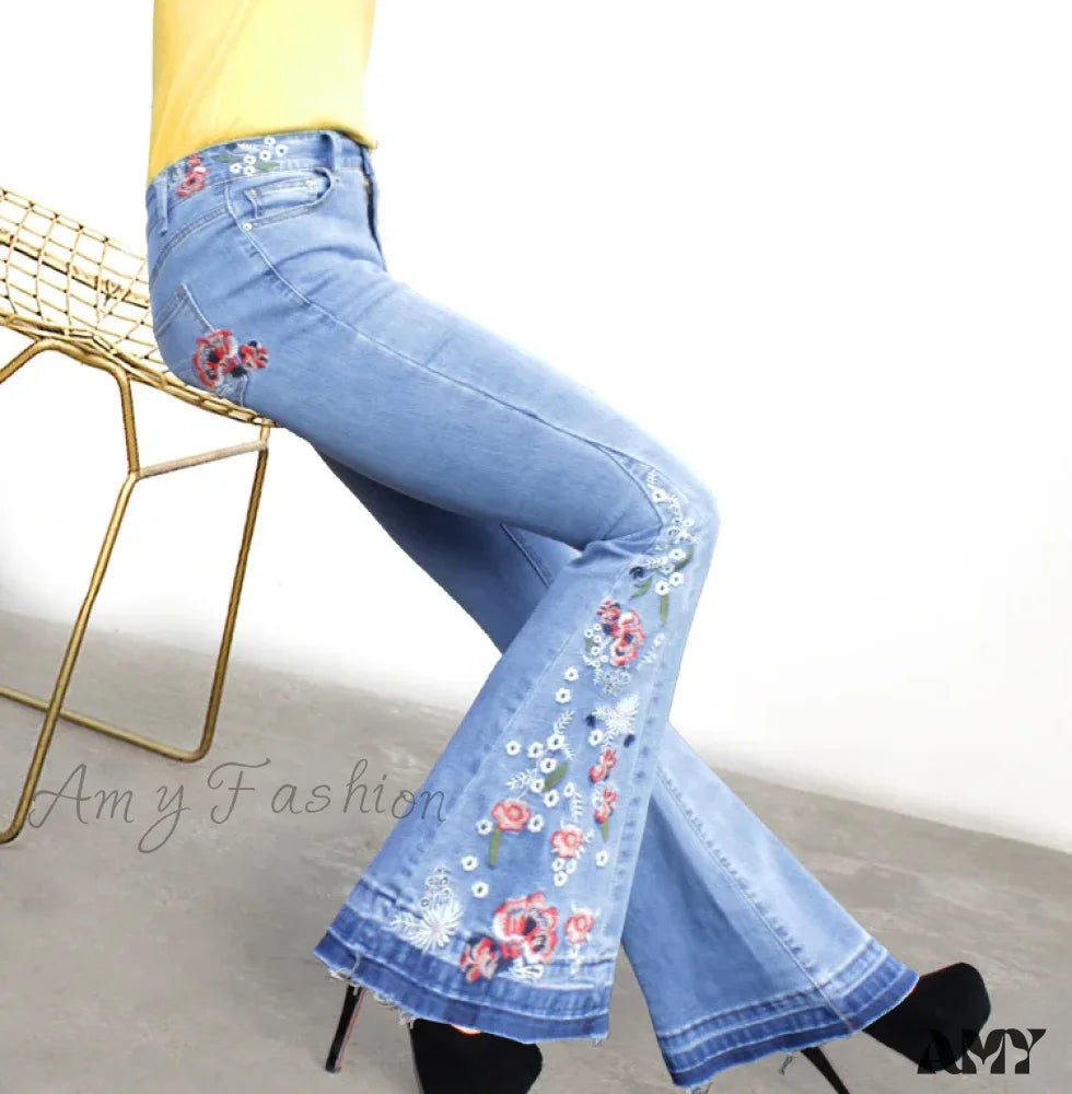 Light Wash Jeans for Casual -Amy Fashion - Size S-3XL Elastic Embroidery Flare Blue Vintage Bell Bottom Skinny Wide Leg Denim Jean