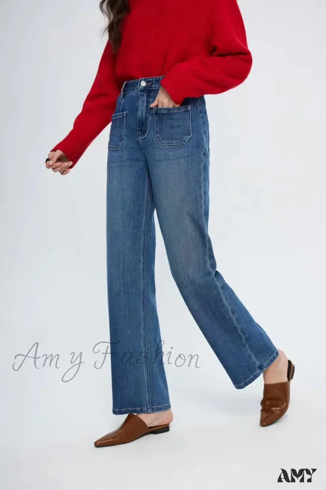 Camping Jeans for Wilderness -Amy Fashion - Pockets Women Temperament High Waist Straight Denim Pant Females Vintage Simple Streetwear Washed Chic 2024 New Jean