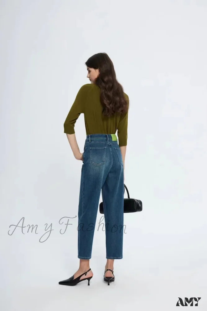 Button Fly Jeans for Traditional -Amy Fashion - Spring New High Waist Retro Washed Blue Straight Jean