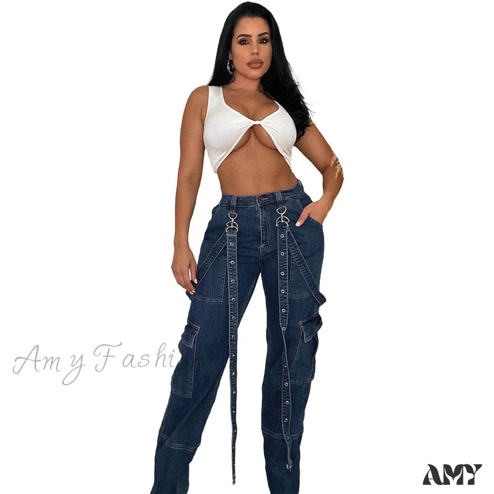 Fringed Jeans for Western -Amy Fashion - Multi Pockets Loose Straps Fashion High Waist Casual Cargo Autumn Winter Streetwear Denim Jean