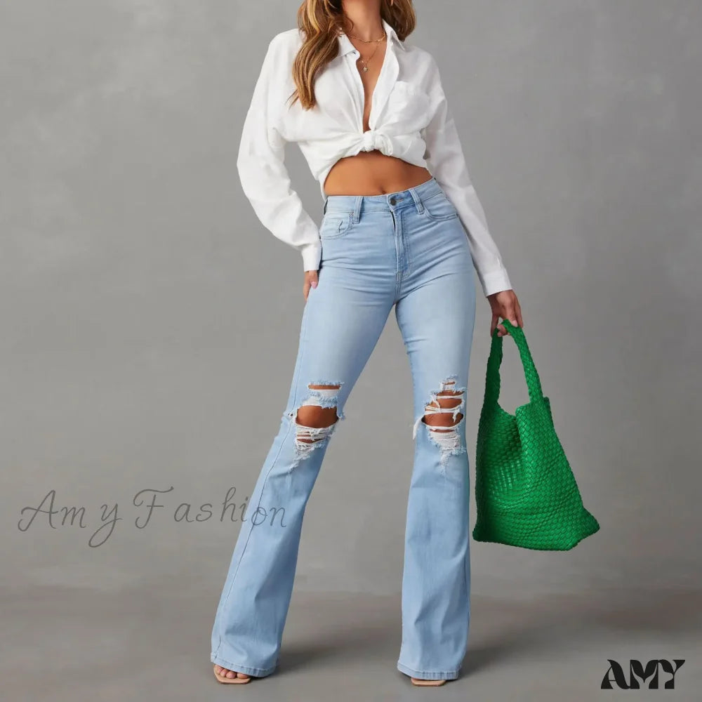 Wide Leg Jeans for Comfort -Amy Fashion - High Waist Flare for Women Fashion Ripped Distressed Denim Woman Bottom Streetwear Ladies Jean