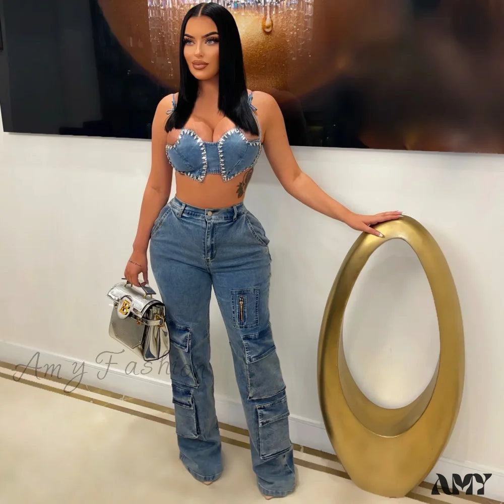 A-line Skirt Jeans for Grace -Amy Fashion - Baggy Pocket Denim Wide Leg High Waist Cargo Y2K Streetwear Fashion Denim 2024 Summer Clothes Jean