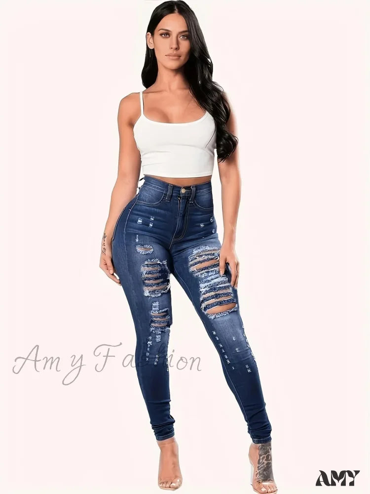 Cuffed Jeans for Stylish Touch -Amy Fashion - Blue Ripped Holes Skinny Distressed High Waist Slim Fit Slash Pockets Denim Jean