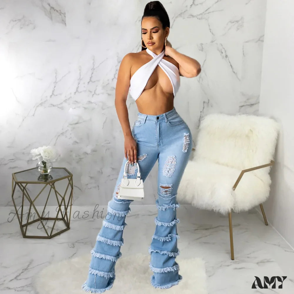 Office Jeans for Professional -Amy Fashion - Tassel Thousand Layers Flared Design Light Blue Ripped Fashion Wide Leg Ladies Jean