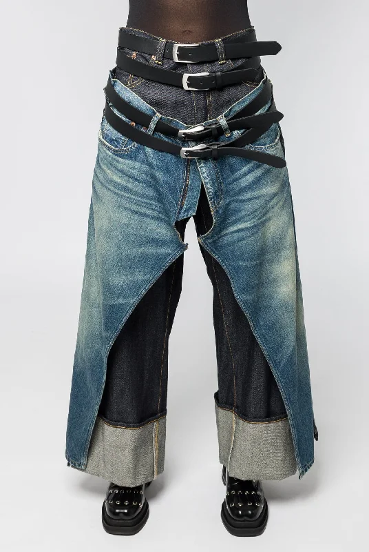 Mini Skirt Jeans for Flirty -Junya Watanabe Layered Belted Denim