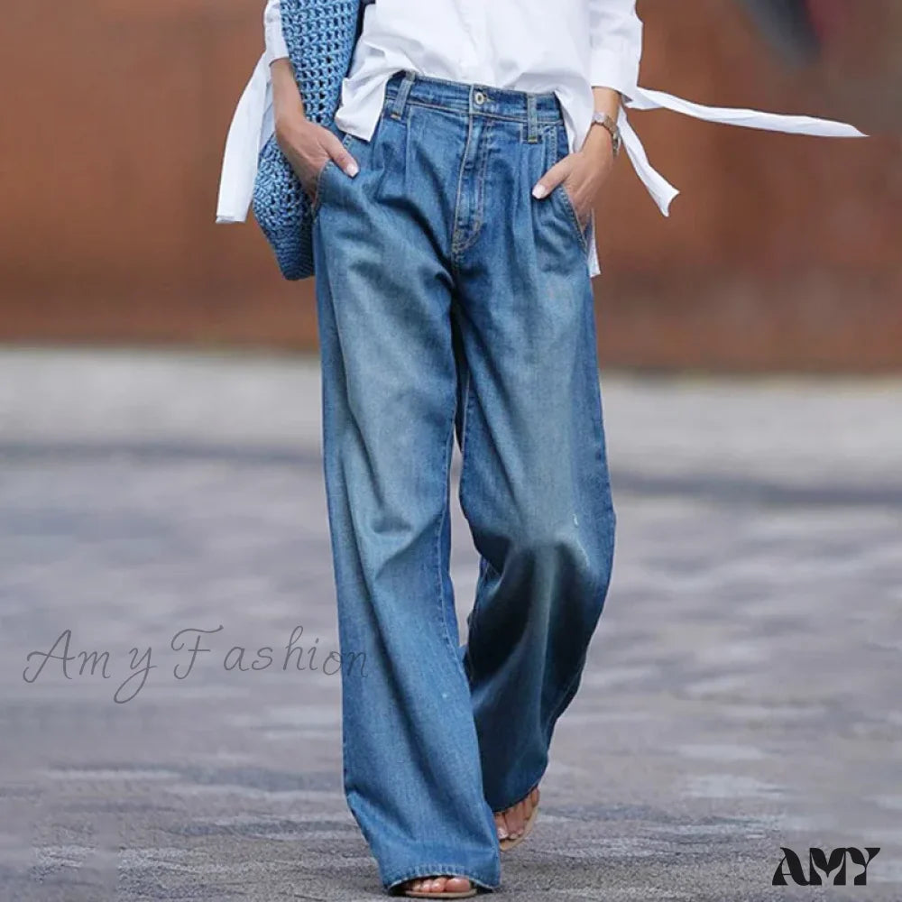 Hunting Jeans for Woods -Amy Fashion - Loose Straight Women Blue Streetwear Holiday Ladies Denim With Pocket Jean