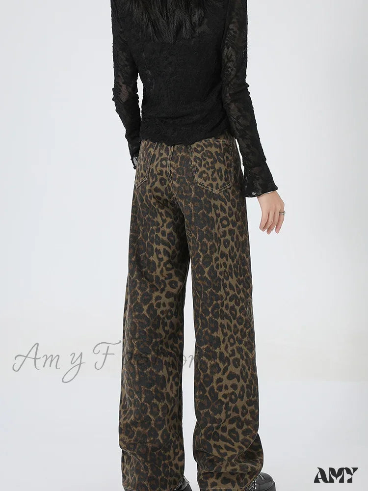 Travel Jeans for On-the-go -Amy Fashion - 2024 New Leopard Print Wide Leg Women High Waisted Fashion Streetwear Retro Y2K Denim Baggy Casual Straight Jean