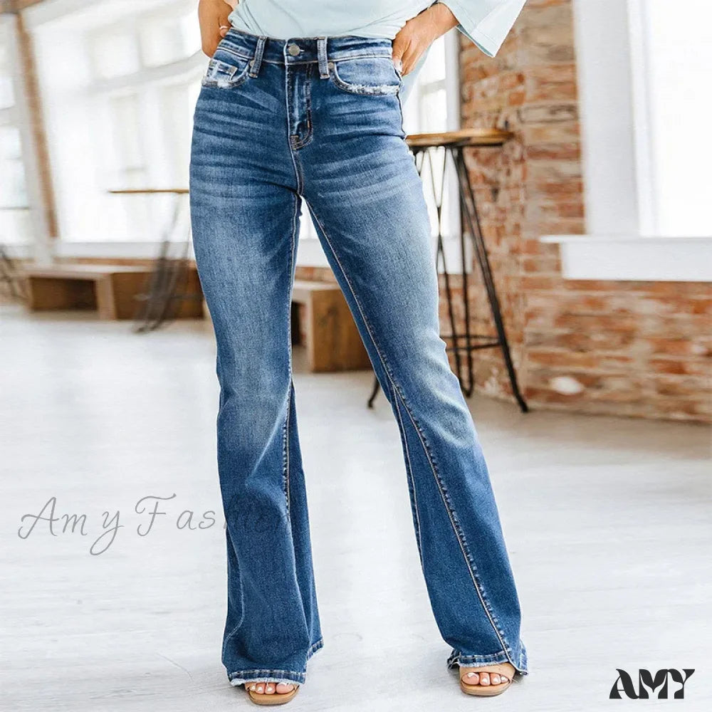 Denim Jeans for Durability -Amy Fashion - Patchwork Flared Vintage High Stretch Casual High Denim Jean