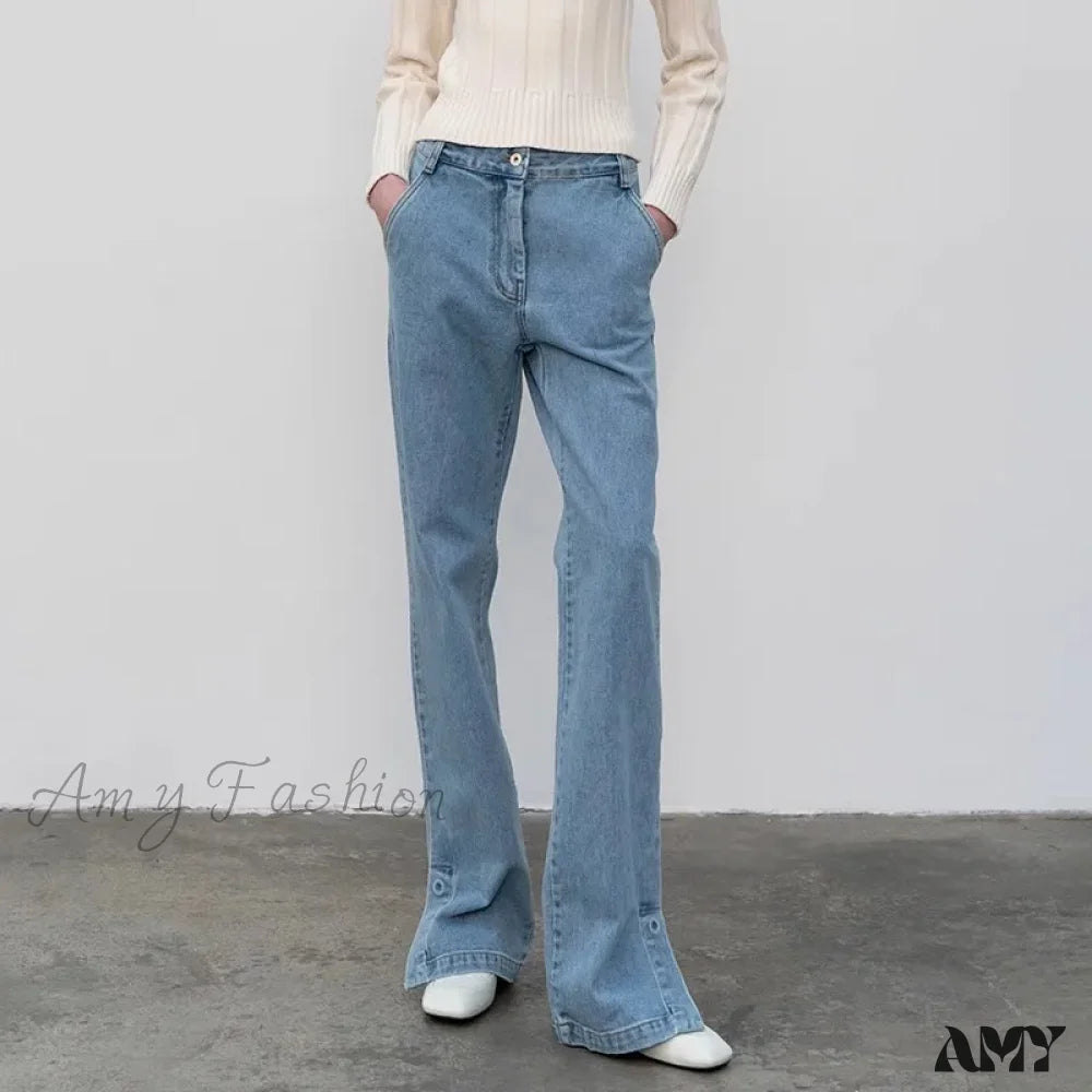 Wedding Jeans for Casual -Amy Fashion - High Quality Women Spring and Autumn All-match Side Slit Straight High Waist Bootcut Jean