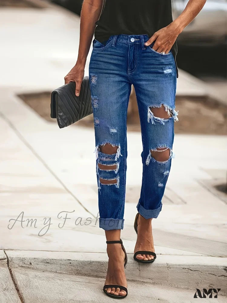 Organic Jeans for Natural -Amy Fashion - Ripped Holes Washed Tapered Washed Distressed Casual Mom Women's Denim & Clothing Jean