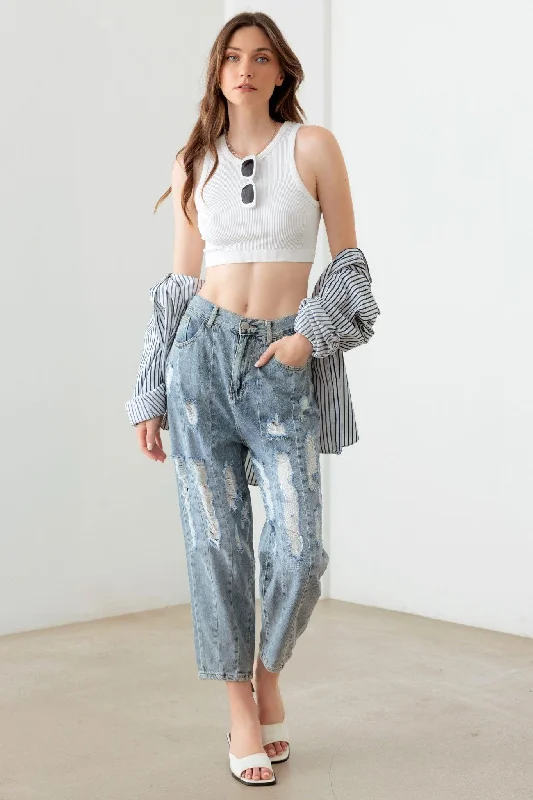 Rolled Shorts Jeans for Style -Light Blue Wash Barrel Leg High Waist Distressed Jeans