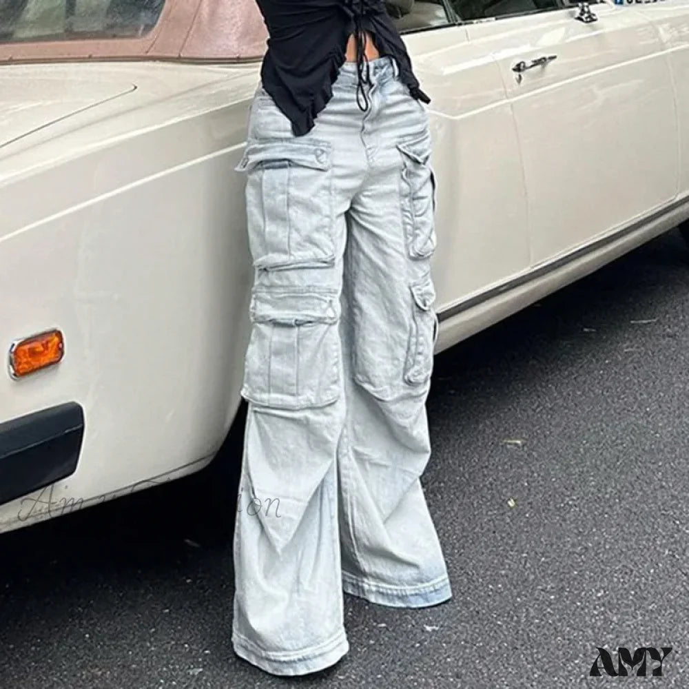 Maxi Skirt Jeans for Elegant -Amy Fashion - Straight Casual Multi-pocket Paneled Cargo Fashion Washed Wide Leg High-waisted High Street Y2K Jean