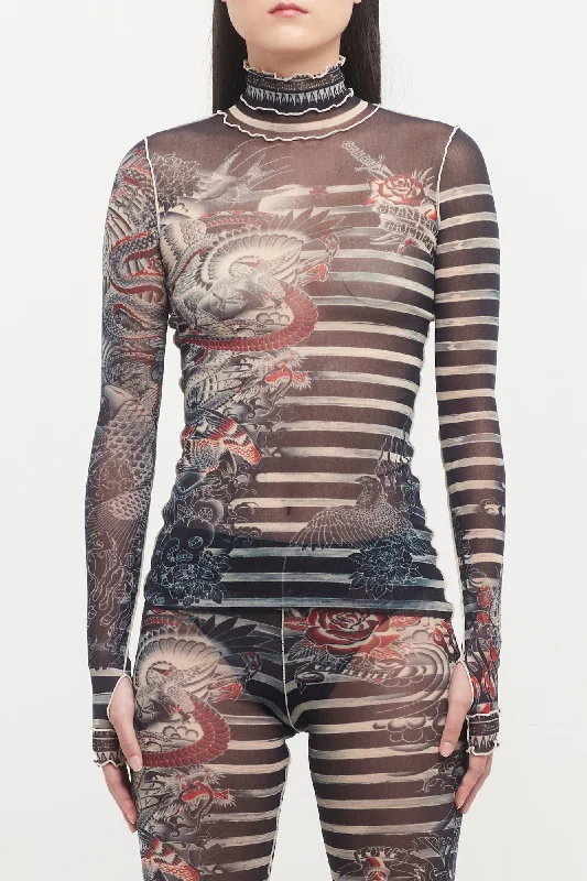 Raw Hem Jeans for Trendy -Jean Paul Gaultier Mariniere Tattoo High Neck Long Sleeve Top