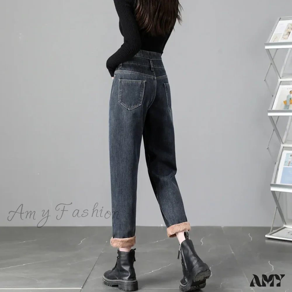 Pencil Skirt Jeans for Sophistication -Amy Fashion - Warm Harem Thicken High Waist Vintage Loose Wide-leg Fleece Denim Jean