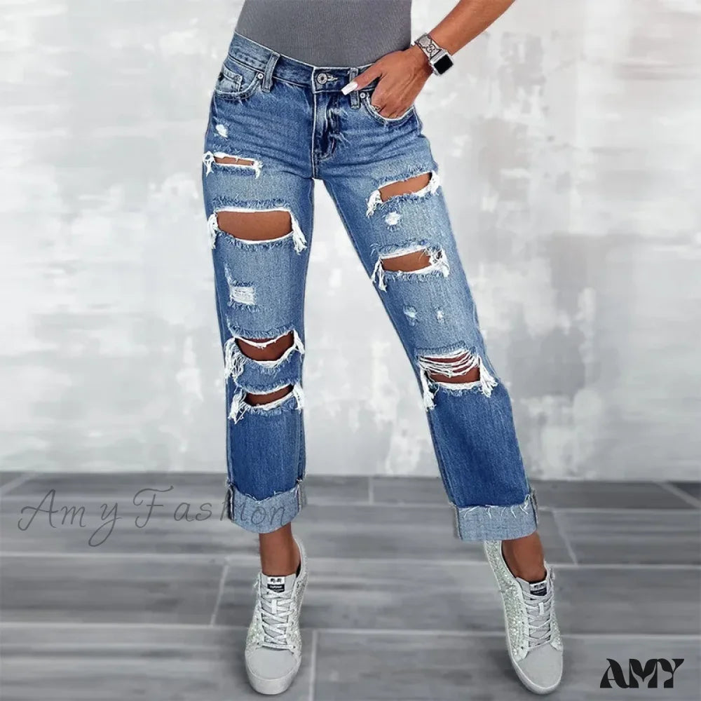 Mom Jeans for Vintage Appeal -Amy Fashion - Ripped New High Straight Streetwear Hole Wash Cotton Ladies Denim Jean