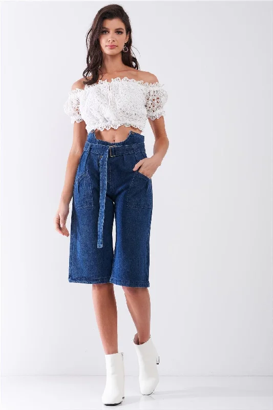 Metal Button Jeans for Classic -Dark Blue Denim Front Cut-Out High-Waist Buckle Self-Tie Belt Detail Midi Flare Jean Pants