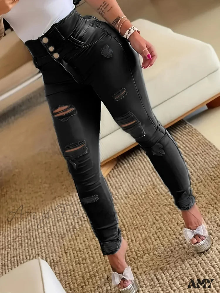 Denim Jeans for Durability -Amy Fashion - Ripped Holes Casual Skinny Slash Pockets Distressed Single-Breasted Button High Waist Denim Jean