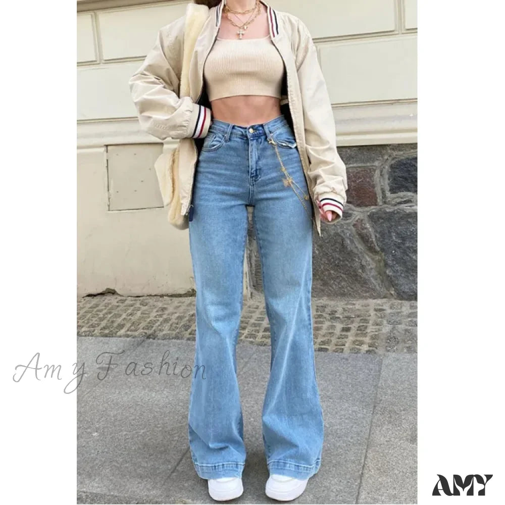 Frayed Hem Jeans for Edgy -Amy Fashion - Casual Women's Flare High Waisted for Woman Streetwear Flared Denim 2024 Spring Summer Jean