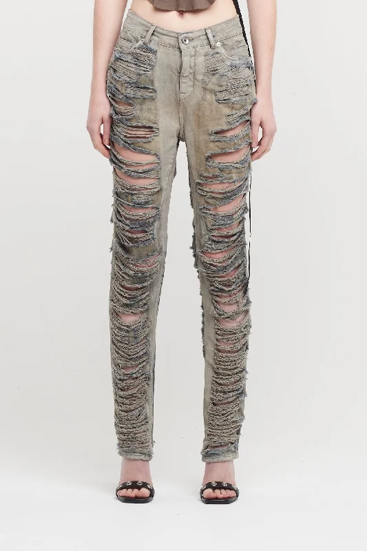 Leather Trim Jeans for Luxury -Rick Owens DRKSHDW Detroit Cut Denim in Mineral Pearl Shredded