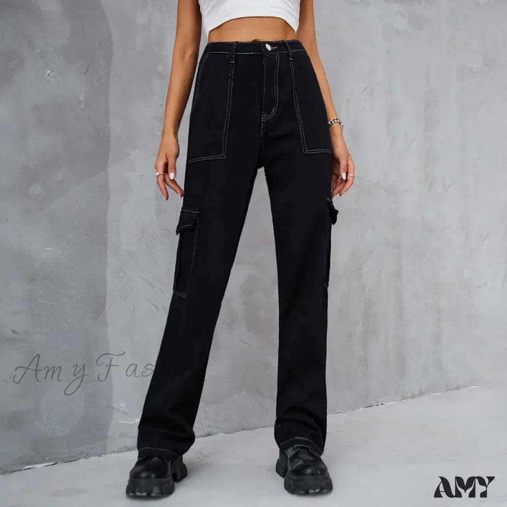 Boyfriend Jeans for Relaxed -Amy Fashion - 2024 Vintage Baggy Wide Leg Streetwear Straight Denim Pockets Cargo Jean