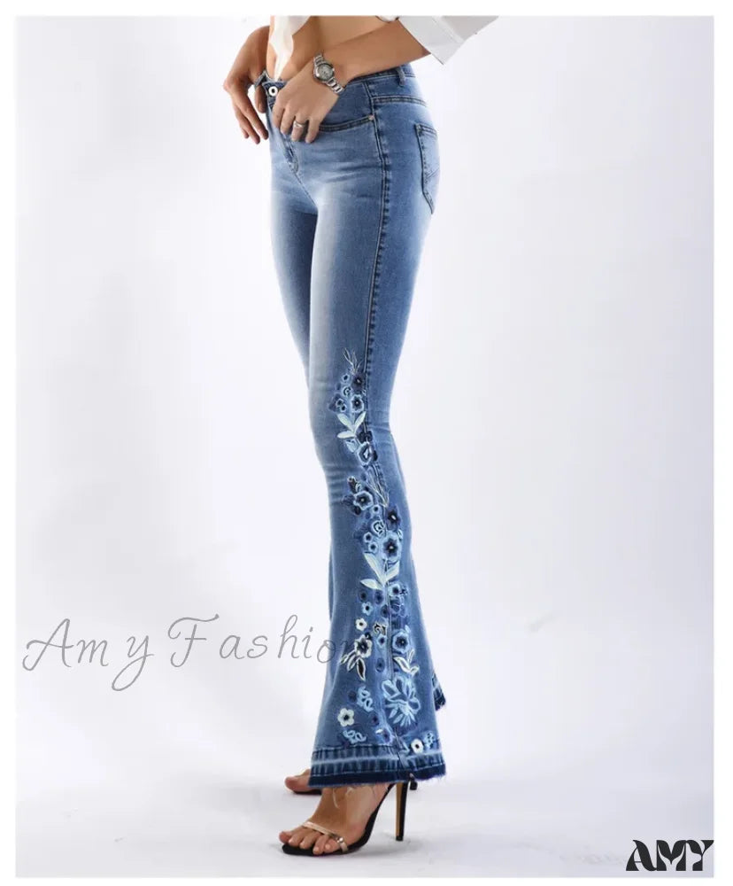 Khaki Jeans for Different -Amy Fashion - Size S-4XL Elastic Flower Embroidered Flare Denim Autumn Retro Style Bell Bottom Skinny Jean