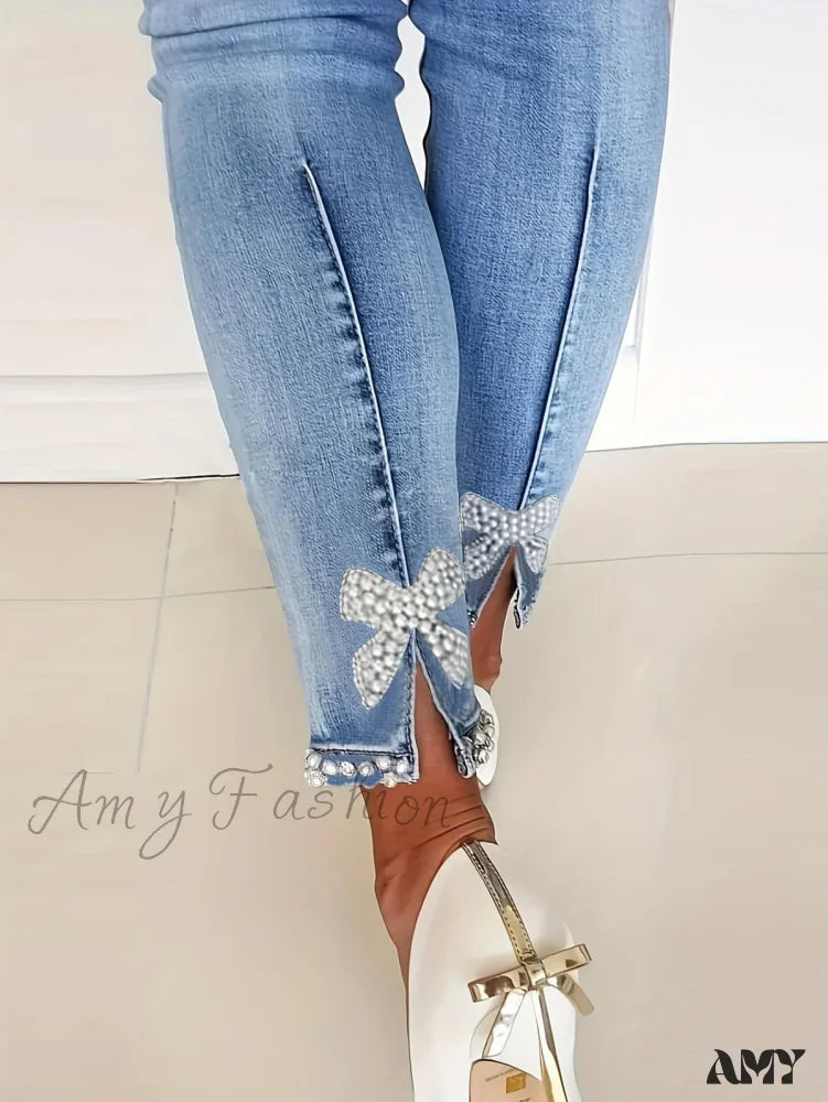 Acid Wash Jeans for Vintage -Amy Fashion - Women's Blue High-Stretch Skinny with Faux Pearl Decor and Slim Fit - Stylish and Comfortable Denim Jean