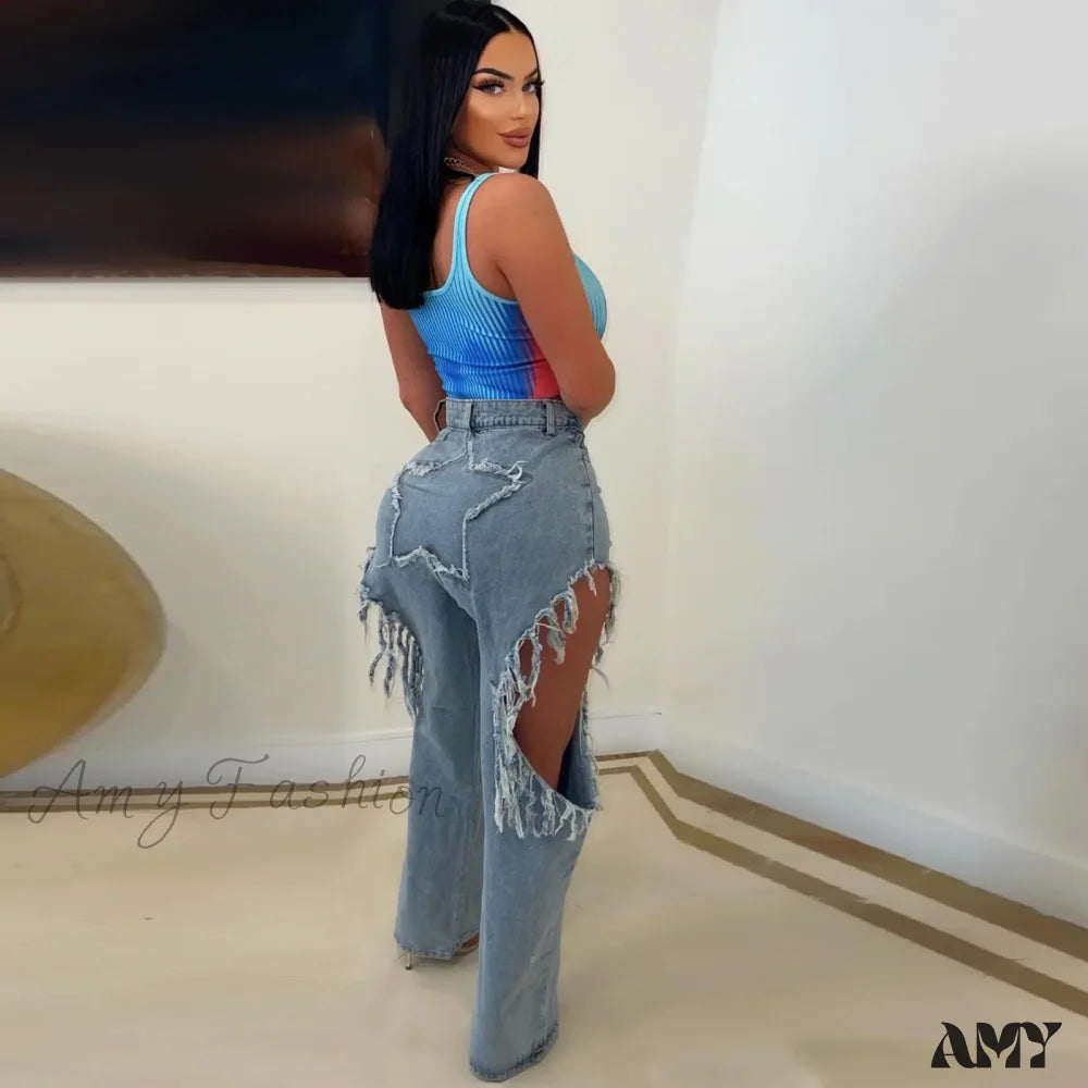 Cuffed Jeans for Stylish Touch -Amy Fashion - Sexy Tassels Ripped Baggy Summer 2024 Female Bottoms Streetwear High Waist Denim Jean