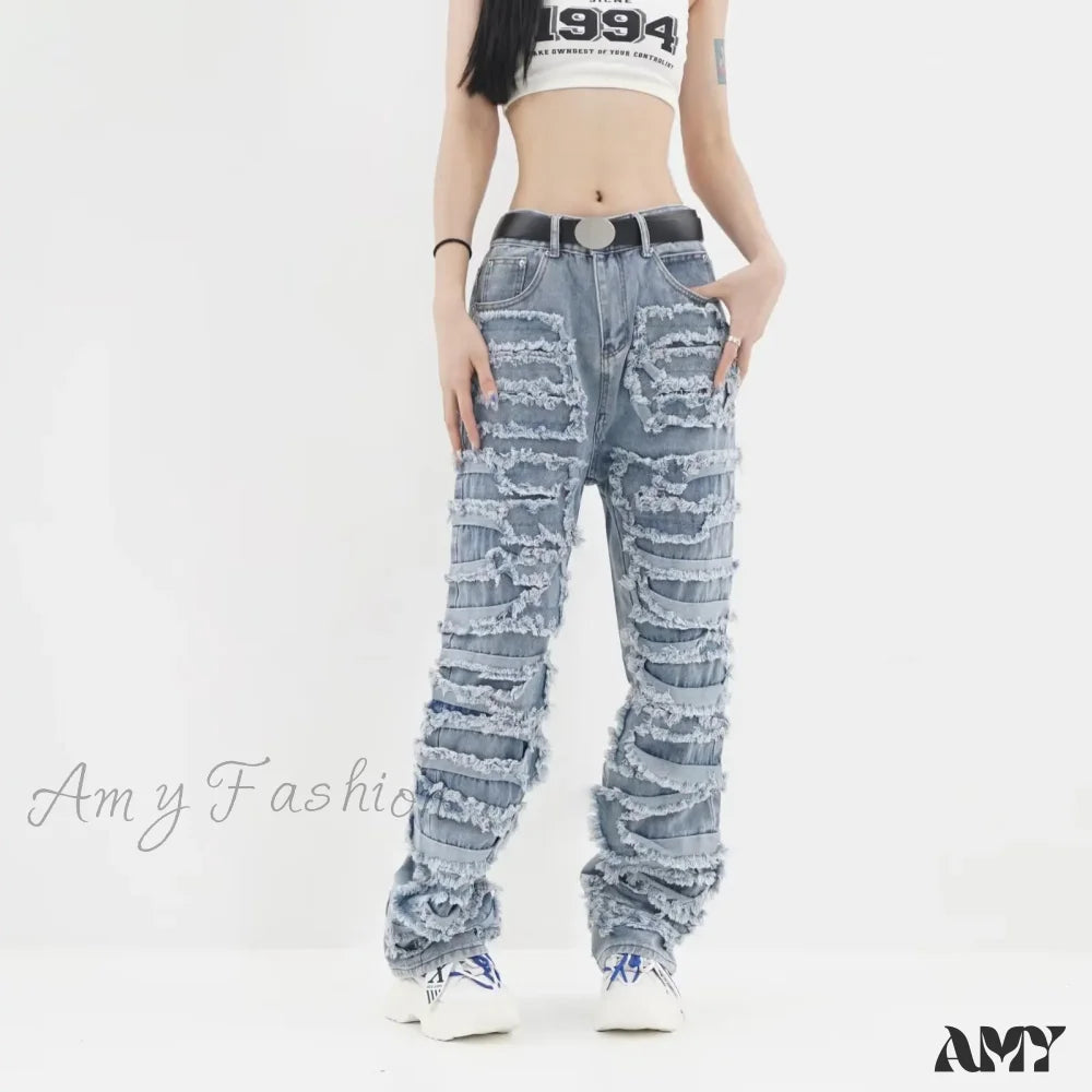 Stonewashed Jeans for Softness -Amy Fashion - 2024 Streetwear Stacked Clothing Y2K Baggy Ripped Hip Hop Straight Vintage Denim Jean