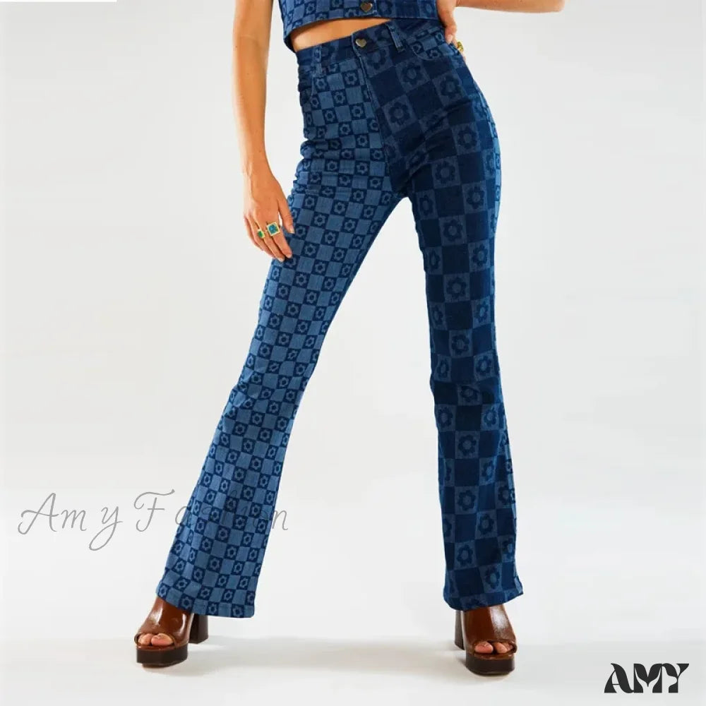 Metal Button Jeans for Classic -Amy Fashion - Stretch Fashion Print Women's High Waist Flare Women Long Summer Casual Streetwear Denim Pant Jean