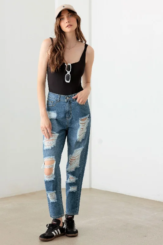 Fishing Jeans for Water -Destroyed High Waist Mom Style Fit Jeans