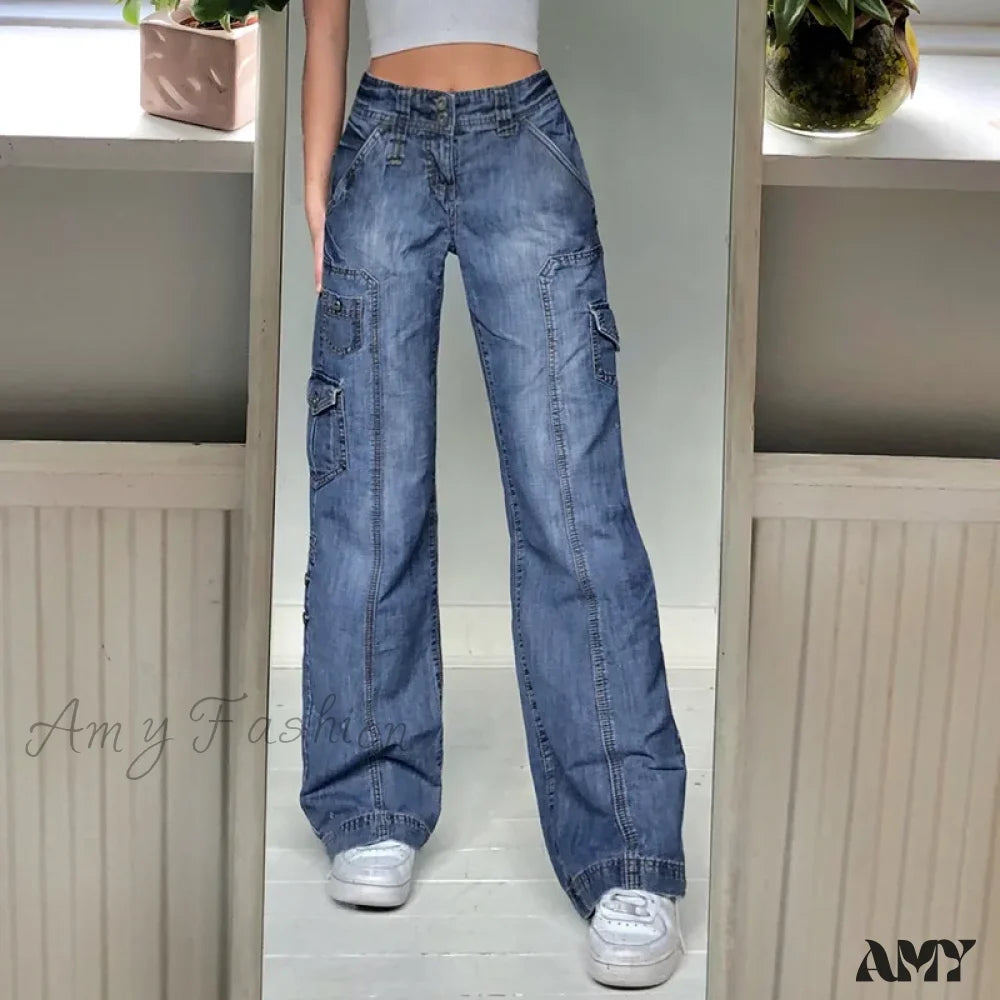 Fringed Jeans for Western -Amy Fashion - Fashion Streetwear Women Denim Trouser Loose Cargo Korean Autumn Winter Pockets Patchwork Baggy Jean