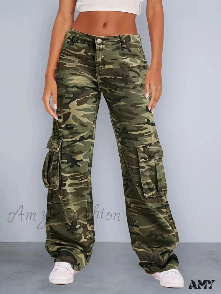 Cropped Jeans for Summer Look -Amy Fashion - 2024 Camouflage Women's Cargo High Wist Vintage Baggy Denim Straight Casual Fashion Jean