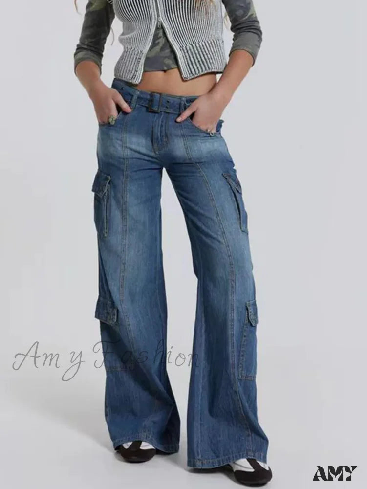 Mother's Day Jeans for Gift -Amy Fashion - Wide Leg High Waist Patchwork Baggy Cargo Streetwear Y2k Vintage Denim Jean Stylish Loose High Waist Solid Color Casual Wild Wide Leg Multi Pockets Jean 2024 New Skinny Elastic Denim High-Waisted European American Style Pack Hip Pencil Jean