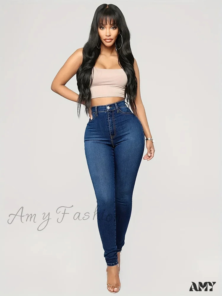 Dark Wash Jeans for Elegance -Amy Fashion - Plain High Waist Skinny High Rise Slim Fit Slash Pockets Casual Denim Jean