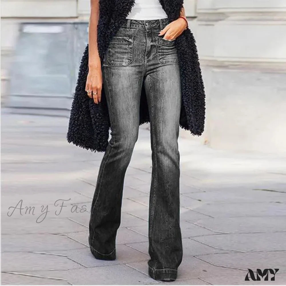 Bootcut Jeans for Flattering -Amy Fashion - Women's Flared Stretch Fashion High Waist Vintage Casual Full Length Slim Streetwear Wide Leg Flare Jean