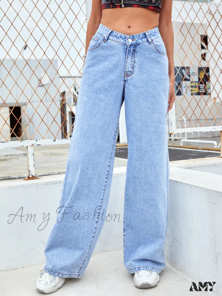 Khaki Jeans for Different -Amy Fashion - Retro Wide Loose Slimming High Street Straight Denim Jean