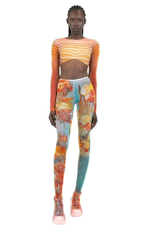 Embroidered Jeans for Detail -Jean Paul Gaultier Cropped Top Long Sleeves Fleur Morphing Stripes in Red/Orange