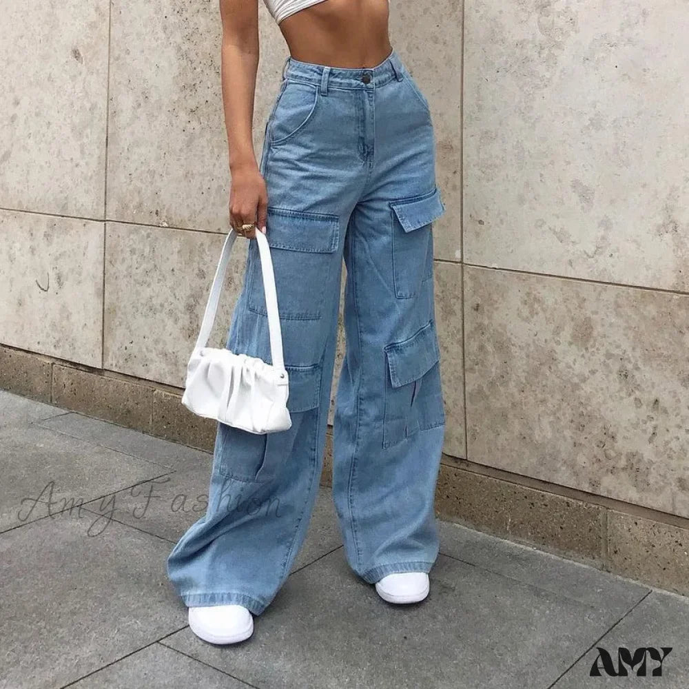 Father's Day Jeans for Present -Amy Fashion - Stylish Loose High Waist Solid Color Casual Wild Wide Leg Multi Pockets Jean