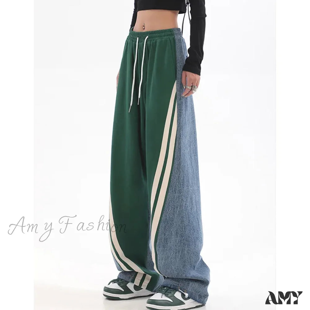 Colored Jeans for Variety -Amy Fashion - Contrast Color Women High Waist Straight Cropped High Street Drawstring Tie Up Sweatpants Cylinder Lady Wide Leg Jean