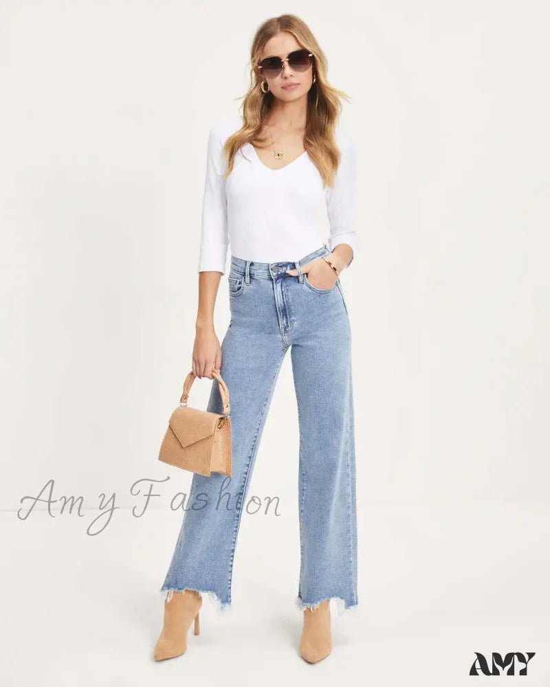 Dark Wash Jeans for Elegance -Amy Fashion - Vintage Fashion High Straight Korean Denim Jean