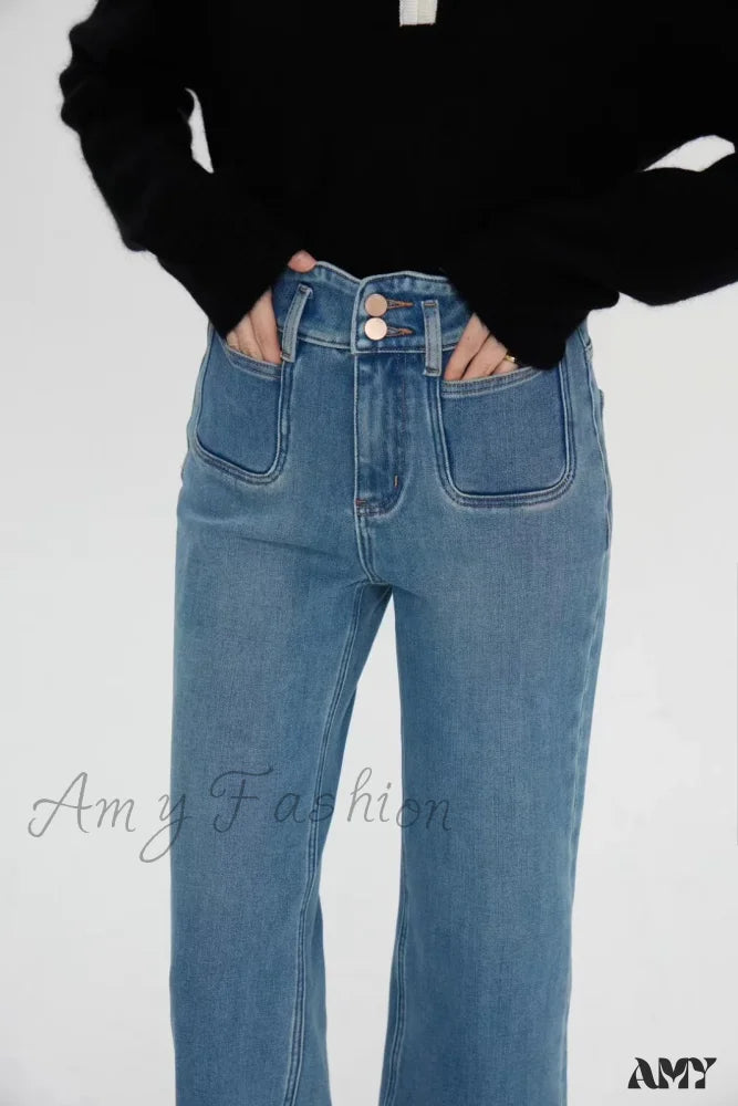 Four Pocket Jeans for Simplicity -Amy Fashion - Spring Fall New High-waisted Wide-leg High Quality Long Baggy Y2K Jean