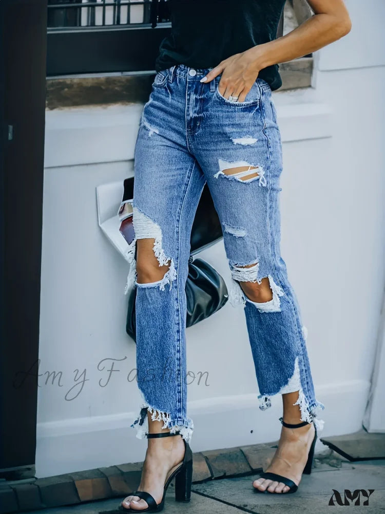 Flare Jeans for Retro Vibe -Amy Fashion - Ripped Holes Washed Straight Slant Pockets Distressed Frayed Hem Denim Jean