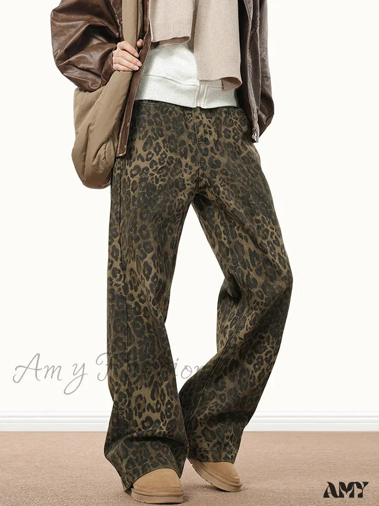 Office Jeans for Professional -Amy Fashion - Wide Leg Leopard Print Women 2024 Y2K High Waisted Fashion Streetwear Retro Denim Baggy Casual Straight Jean