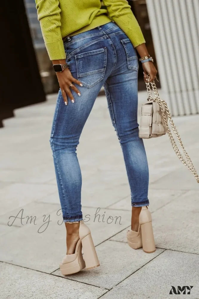 Designer Jeans for Luxury -Amy Fashion - Blue Stretch Women's High Waist Ripped Casual Fashion Streetwear Denim Pant Women 2024 Trend Jean