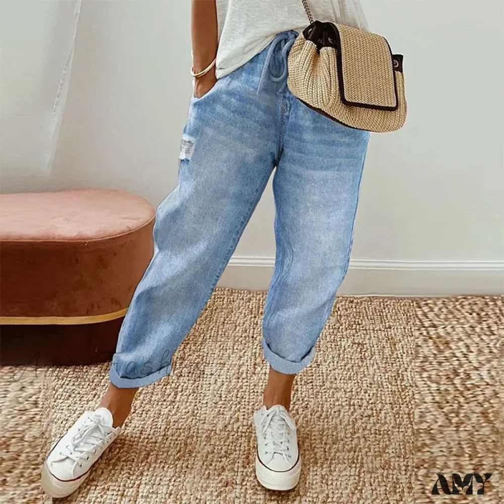 Recycled Jeans for Green -Amy Fashion - 2024 Fashion Women Drawstring Loose Causal Pocket Daily Vintage Streetwear Long Jean