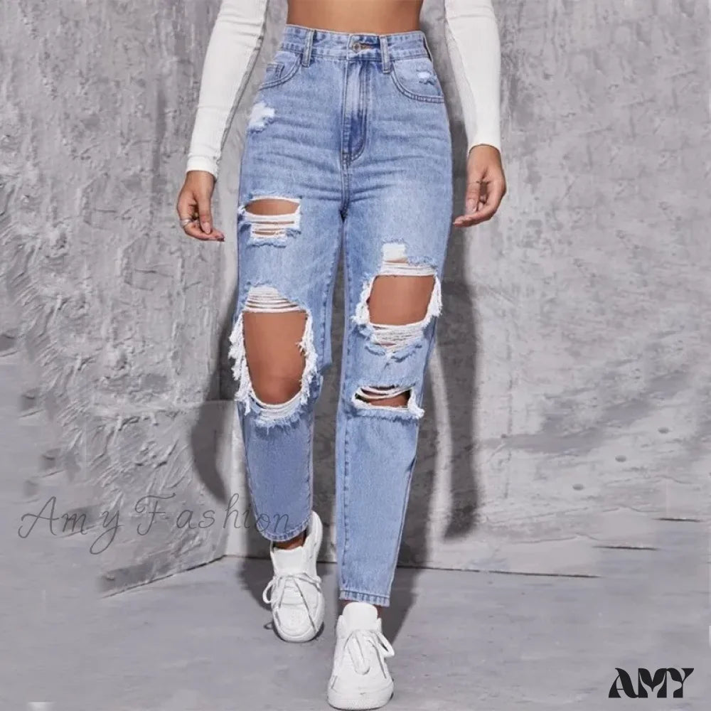 Dance Jeans for Movement -Amy Fashion - Ripped Straight Leg Women High Waist Loose Holes Casual High Streetwear Fashion Denim Jean